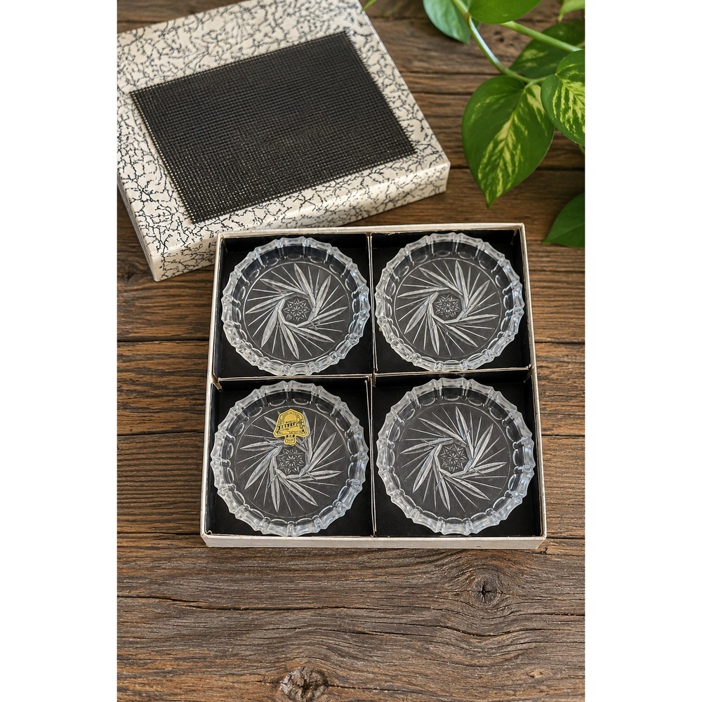 Vintage Crystal de Belfor Bohemia Pinwheel Star Coasters Set 4 Lead Crystal